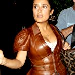 First pic of Salma Hayek shows deep cleavage in leather jacket