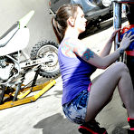 First pic of Ashton Pierce devours her friend's cock in the motorbike shop
