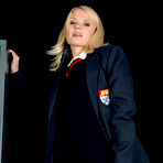 Fourth pic of Blonde teen in black opaque pantyhose and college uniform - Rachael Carr
