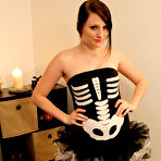 Second pic of Adorable brunette Freckles teases us in her pantyhose and her Halloween outfit