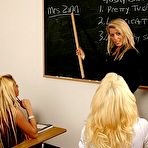 First pic of Teacher gives a strapon lesson to Donna Doll and another sweet school blonde