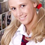 First pic of Lustful blonde schoolgirl Britany shows her cute booty in white panty and perky tits.