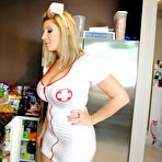 First pic of Curvy BBW nurse Sara Jay in white uniform and red lingerie strips naked and gets hardcored