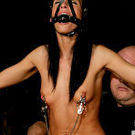 Third pic of Slave brunette Jennifer Dark gets every inch of her slim body tortured with pegs and takes dildo