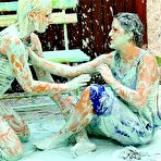 Third pic of Wet and messy cat fight between elegant blonde Morgan Moon and clothed painter Kate Black