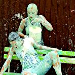 Fourth pic of Wet and messy cat fight between elegant blonde Morgan Moon and clothed painter Kate Black