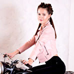 Fourth pic of Viva Fleur Petite Brunette Strips Naked on a Classic Motorcycle