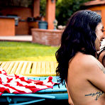 Fourth pic of Vanessa Sky and Queenie Sateen share one cock by the pool