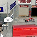 First pic of Muscle biker lesson 3D gay comics: male hentai anime bdsm fetish cartoons about hairy huge cock of leather hunk man dude & teen twink gag slave or toon 10inchcock and latex boots outdoor domination