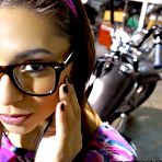 First pic of Nerdy little Latina Serena Torres slurps up cum shots after fucking in a bike repair shop.