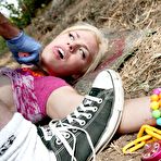 Third pic of Naive fair haired blonde teen Shelby Angel gets tied, stripped and fucked outdoors