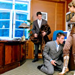 First pic of Beautifully dressed Gina Killmer humiliates two naked guys in her office