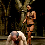 Second pic of Pale skinned nude slave man John getting used by tan skin slender asian domme Lucy Lee