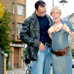 First pic of Euro blonde Angie in boots and dress gets her hairless pussy poked in public place