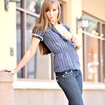 Second pic of High heeled cutie Capri Anderson in jeans and blouse flashes her ass and tits
