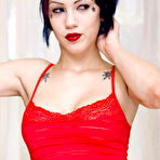 First pic of Big boobed goth temptress Asphyxia removes her red lingerie and fingers her tight hole