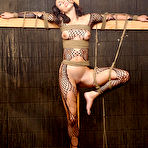 Fourth pic of Enslaved brunette Wenonas World in ripped fishnet body stocking gets crucified