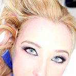 Second pic of Lewd blonde with blue eyes Samantha Rone is taking long pecker deeply into her mouth