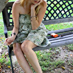 First pic of Shoeless blonde Kelly Space in nice summer dress shows off her lovely feet outdoors