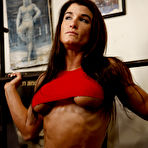 First pic of Tight white shorts and tiny red top of bodybuilder Brook reveal her bodyx and big breast.