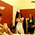 First pic of Absolutely naked guy is getting his dick worshipped by clothed Amanda Pickering and her friend