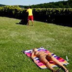 First pic of Sexy blonde Jessie Jazz tanning on the lawn is lucky to have sex with a gardener