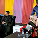 Second pic of Two clothed platinum blondes Lena Cova and Rachel La Rouge get stuffed on the couch