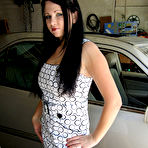 First pic of Playful long legged brunette Misty in mini dress loves driving a car with her shoes off