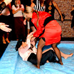 First pic of Christina Lee, Mila Dark and two more clothed women take part in oil fight at the party