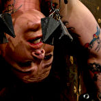 Third pic of Tattooed slave girl Vivienne Del Rio gets her tits mercilessly tortured in upside down suspension