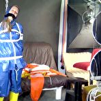 Third pic of Shinynylonartsbound | SEXY SANDRA being tied and gagged with ropes and a clothgag from Stella  both wearing sexy shiny nylon AGU rainwear (Video)