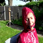 Second pic of ShinyNylonArts Rain Bound | Watch Sandra bound, gagged and nylonhooded in her shiny nylon Rainwear