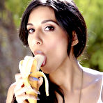 First pic of Denim shorts brunette eating a banana before masturbating outdoors - IamXXX.com