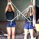 Third pic of Shinynylonartsbound | Watching sexy Stella and Sandra both wearing a hot shiny nylon shorts and a top being tied and gagged overhead with ropes and a ballgag (Video)