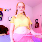 Second pic of Skinny teen in glasses Krystal Orchid spreading her puffy virgin pussy - PornPics.com
