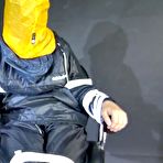Fourth pic of Shinynylonartsbound | Sexy Ajyana being tied, gagged, hooded and dominated by Stella wearing sexy shiny nylon rainwear on a hairdresserÂ´s chair Part 2 of 2 (Video)
