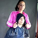 First pic of Shinynylonartsbound | Sexy Ajyana being tied, gagged, hooded and dominated by Stella wearing sexy shiny nylon rainwear on a hairdresserÂ´s chair Part 1 of 2 (Video)
