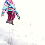 Fourth pic of Solo girl with pink hair Aura takes a piss on snow-covered ground