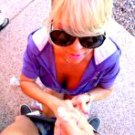 First pic of Busty blonde housewife Sandra Otterson swallows jizz on sidewalk in sunglasses