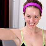 First pic of Caucasian girl Candy Smith displays her full bush while working out at home