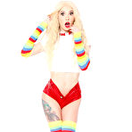 First pic of Flexible blonde gets spit roasted by big black dicks in colourful thigh highs
