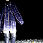 Fourth pic of Caucasian girl Pinkycat pees on a snow-covered roadway at night in OTK boots
