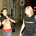 First pic of Three girls flash their natural tits while walking a city street at night