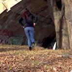 Fourth pic of Solo girl Amanda Hill pulls down her jeans for a pee behind a tree in public