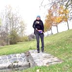 First pic of Brunette chick Freya Dee takes a pee on a retaining wall on a chilly day