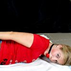 First pic of Blonde chick Albina Rose is hog tied and gagged in a T-shirt and jeans