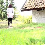 Fourth pic of White girl Victoria Daniels pulls down black tights to pee outside of a chalet