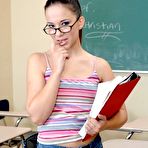 First pic of Sexy college girl in glasses Cristina Agave strips and shows pussy