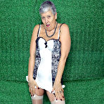 Second pic of Silver haired granny Savana models sexy lingerie in sheer nylons and heels