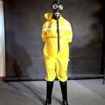 Third pic of Shinynylonartsbound | Watch Lady M bound in a yellow Rainsuit wearing a latex Hood and a Gasmask